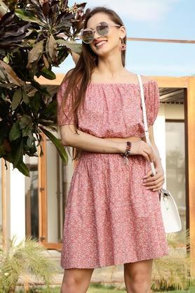 regular above knee polyester women's casual wear top and skirt set - pink
