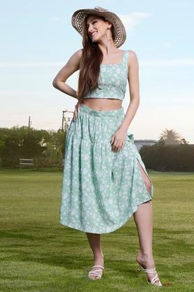 regular ankle length polyester women's casual wear top and skirt set - green