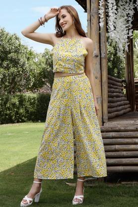 regular ankle length polyester women's casual wear top and skirt set - yellow