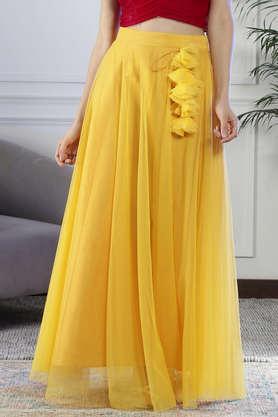 regular fit ankle length polyester women's festive wear skirt - yellow