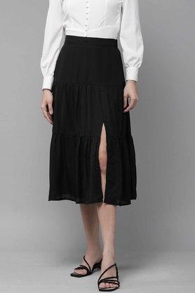 regular fit calf length crepe womens casual wear skirt - black