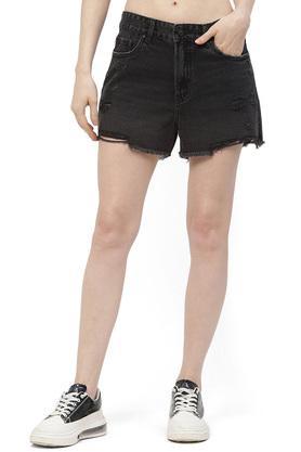 regular fit crop cotton women's casual wear shorts - black