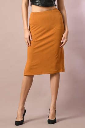 regular fit knee length polyester women's casual wear skirts - mustard