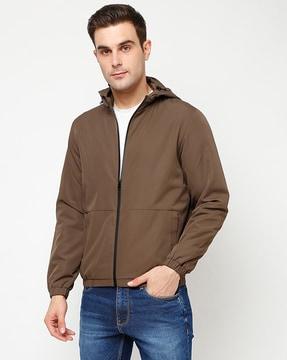 regular fit zip-front jacket with detachable hood