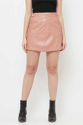 regular mid thigh leather women's casual wear skirt - pink