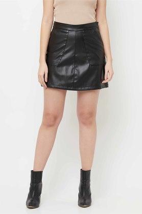 regular mid thigh leather womens casual wear skirt - black