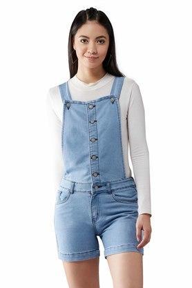regular sleeves cotton womens mini length dungarees - light blue
