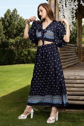 regular ankle length polyester women's casual wear top and skirt set - navy