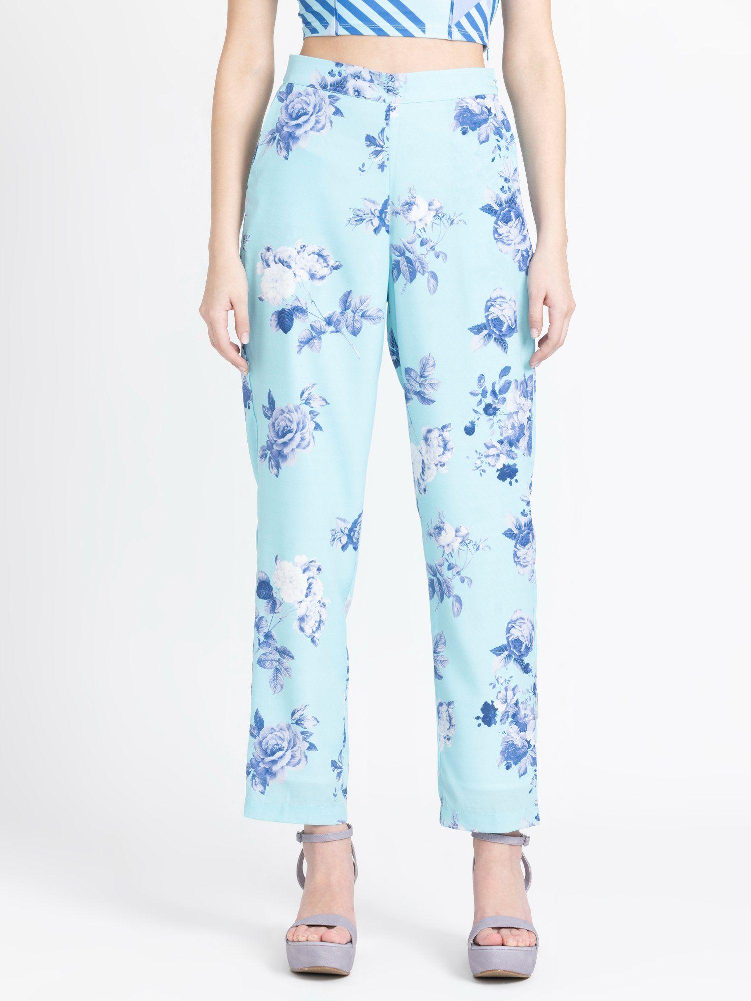 regular blue printed mid-rise casual trousers for women