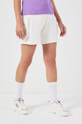 regular fit above knee cotton women's active wear shorts - white