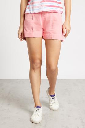 regular fit above knee denim women's casual wear shorts - coral
