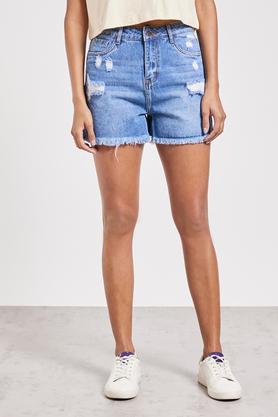 regular fit above knee denim women's casual wear shorts - mid stone