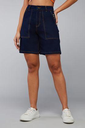 regular fit above knee denim women's casual wear shorts - navy