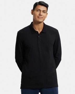 regular fit am96 super combed cotton rich full sleeve polo t-shirt with ribbed cuffs