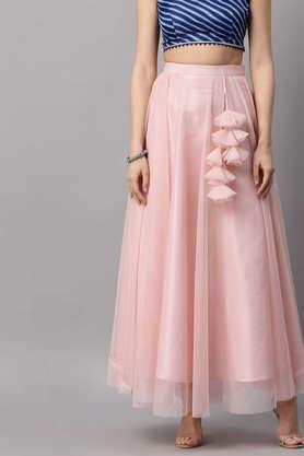 regular fit ankle length polyester women's festive wear skirt - pink