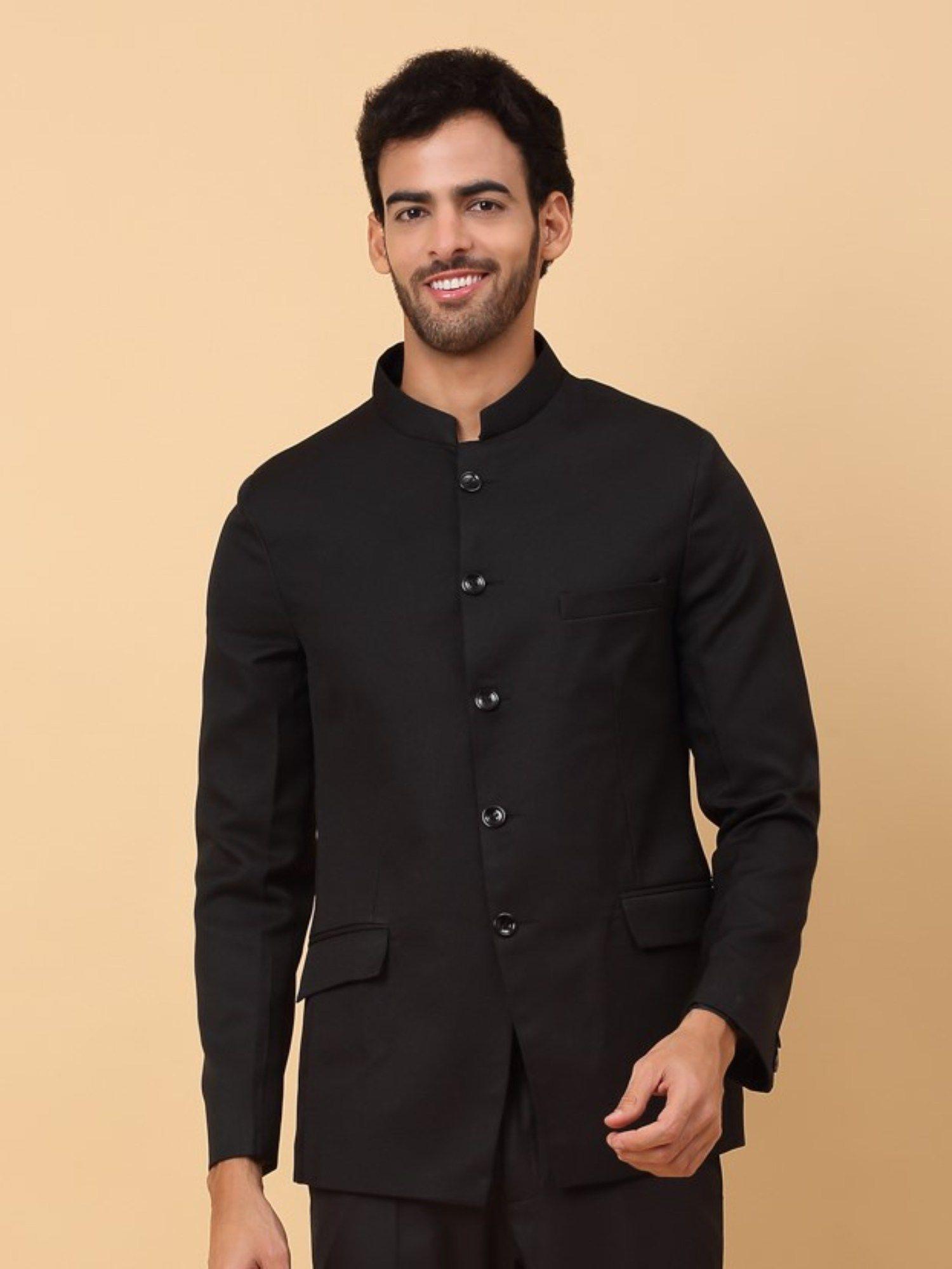 regular fit black cotton twill bandhgala coat