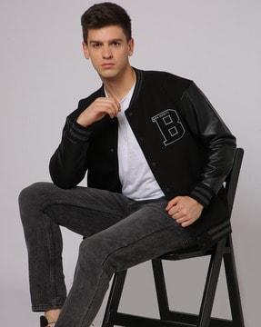 regular fit button-down varsity sweatshirt