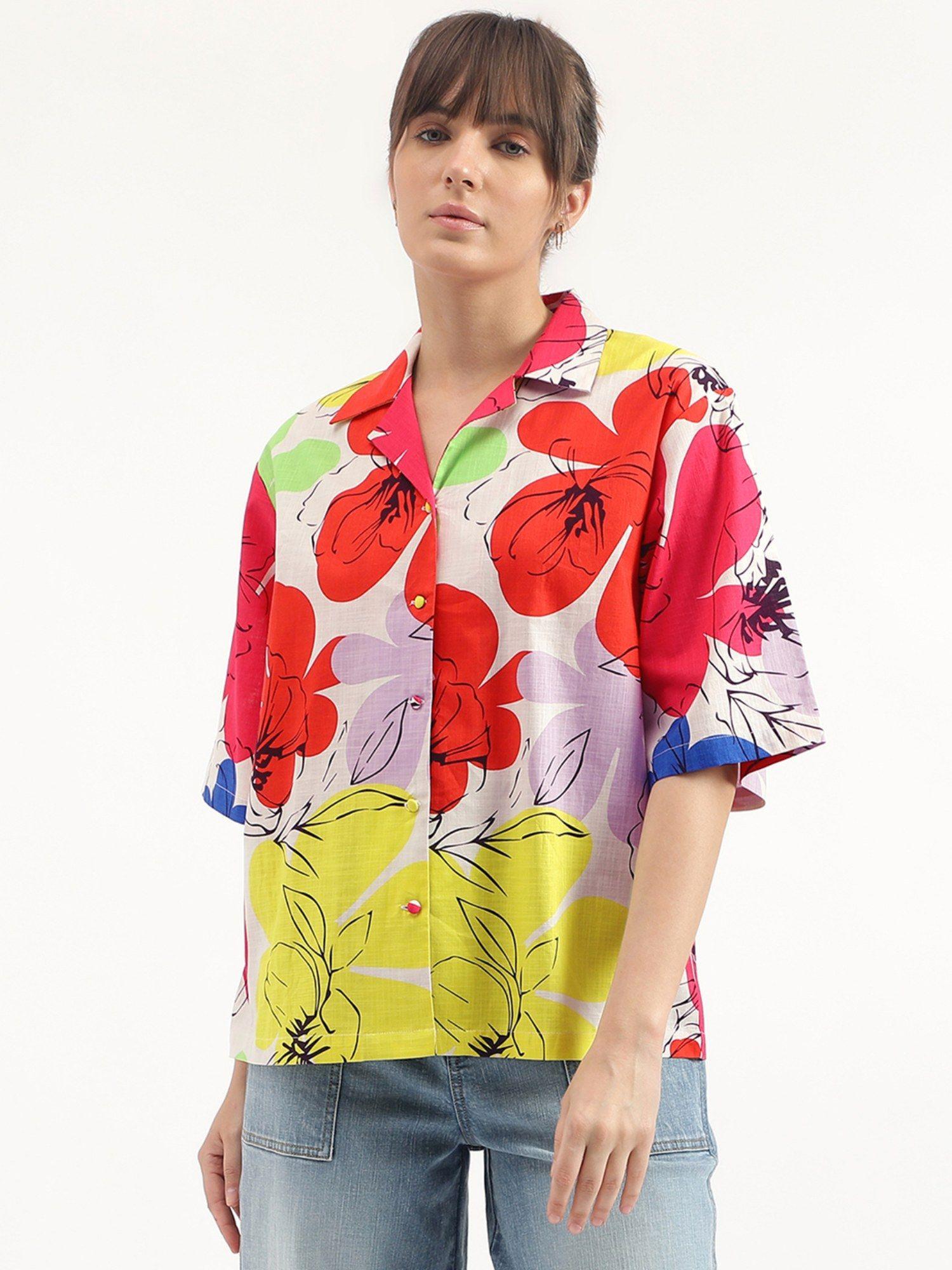 regular fit collared neck printed shirt - multi-color