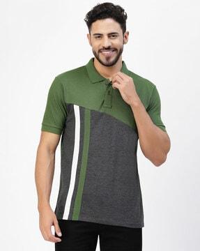 regular fit colourblock polo t-shirt with ribbed sleeves