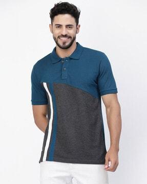 regular fit colourblock polo t-shirt with ribbed sleeves