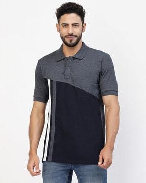 regular fit colourblock polo t-shirt with ribbed sleeves