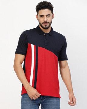 regular fit colourblock polo t-shirt with ribbed sleeves