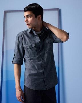 regular fit cotton shirt with flap pockets