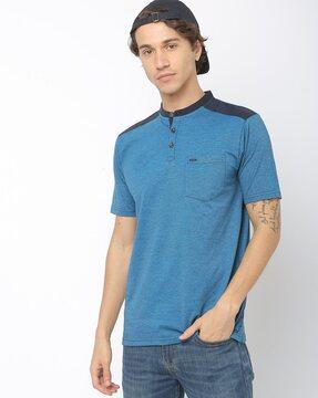 regular fit heathered henley t-shirt with patch pocket