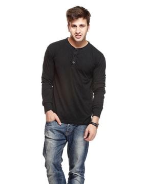 regular fit henley t-shirt with cuffed sleeves