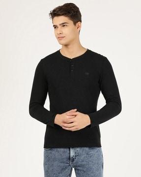 regular fit henley t-shirt with logo embroidery