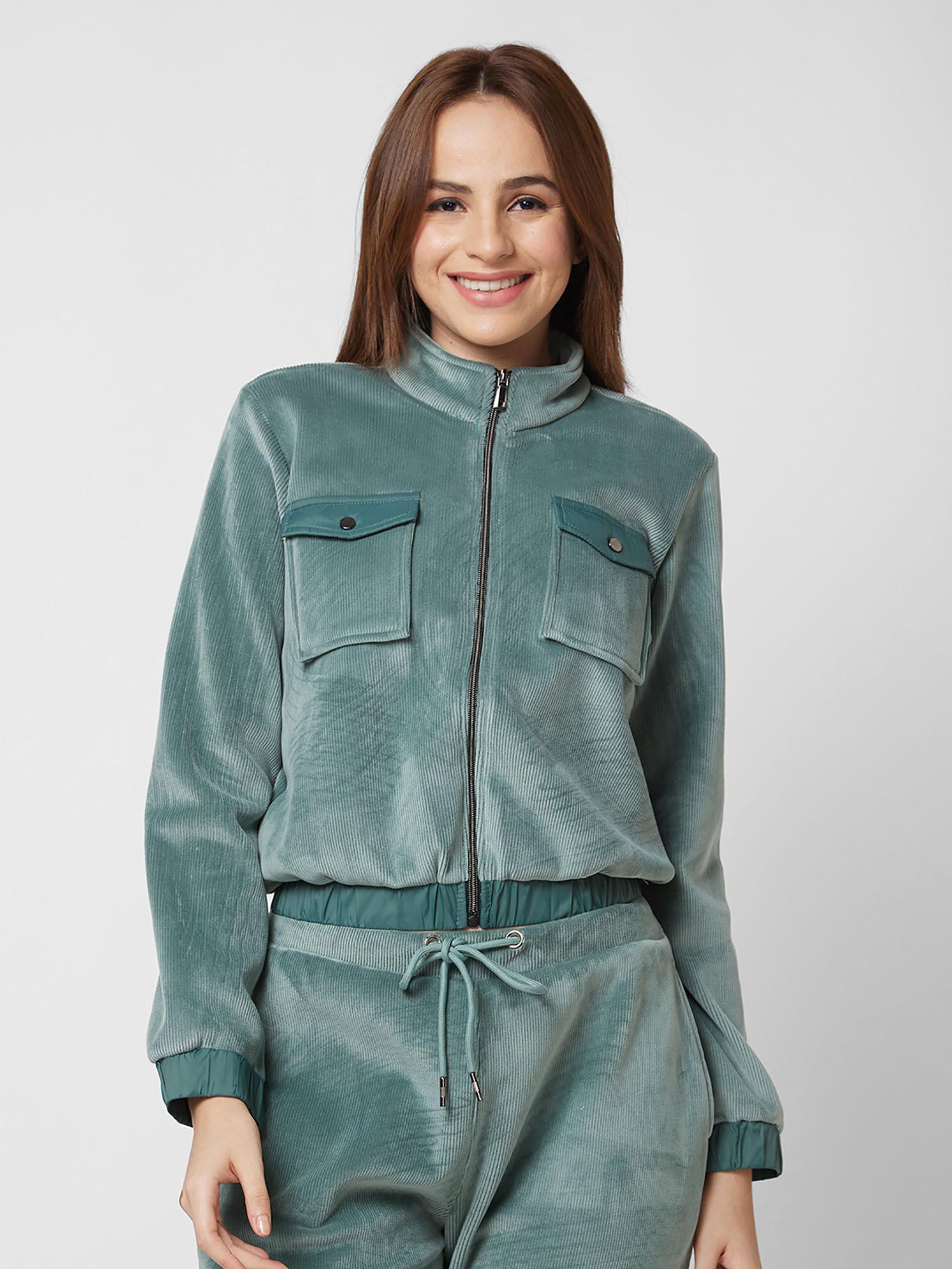 regular fit high neck full sleeve sea green jacket