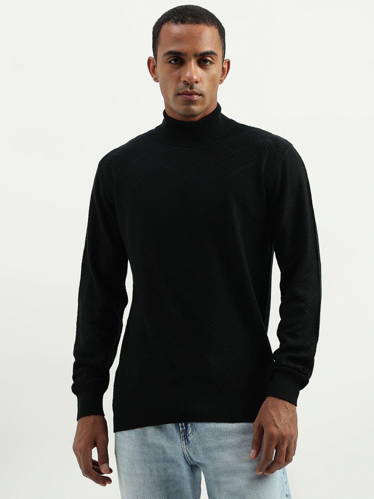 regular fit high neck textured sweater-black