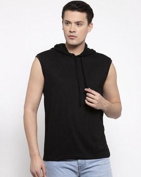 regular fit hooded t-shirt with drawstring fastening