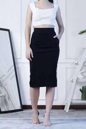 regular fit knee length polyester women's casual wear skirt - black