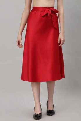 regular fit knee length satin women's casual wear skirt - red