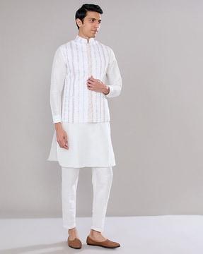 regular fit kurta set with embroidered jacket