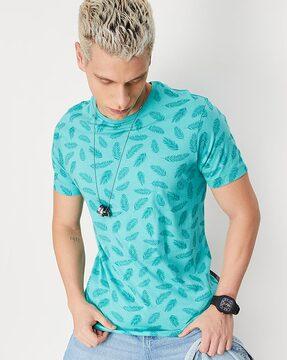 regular fit leaf print crew-neck cotton t-shirt