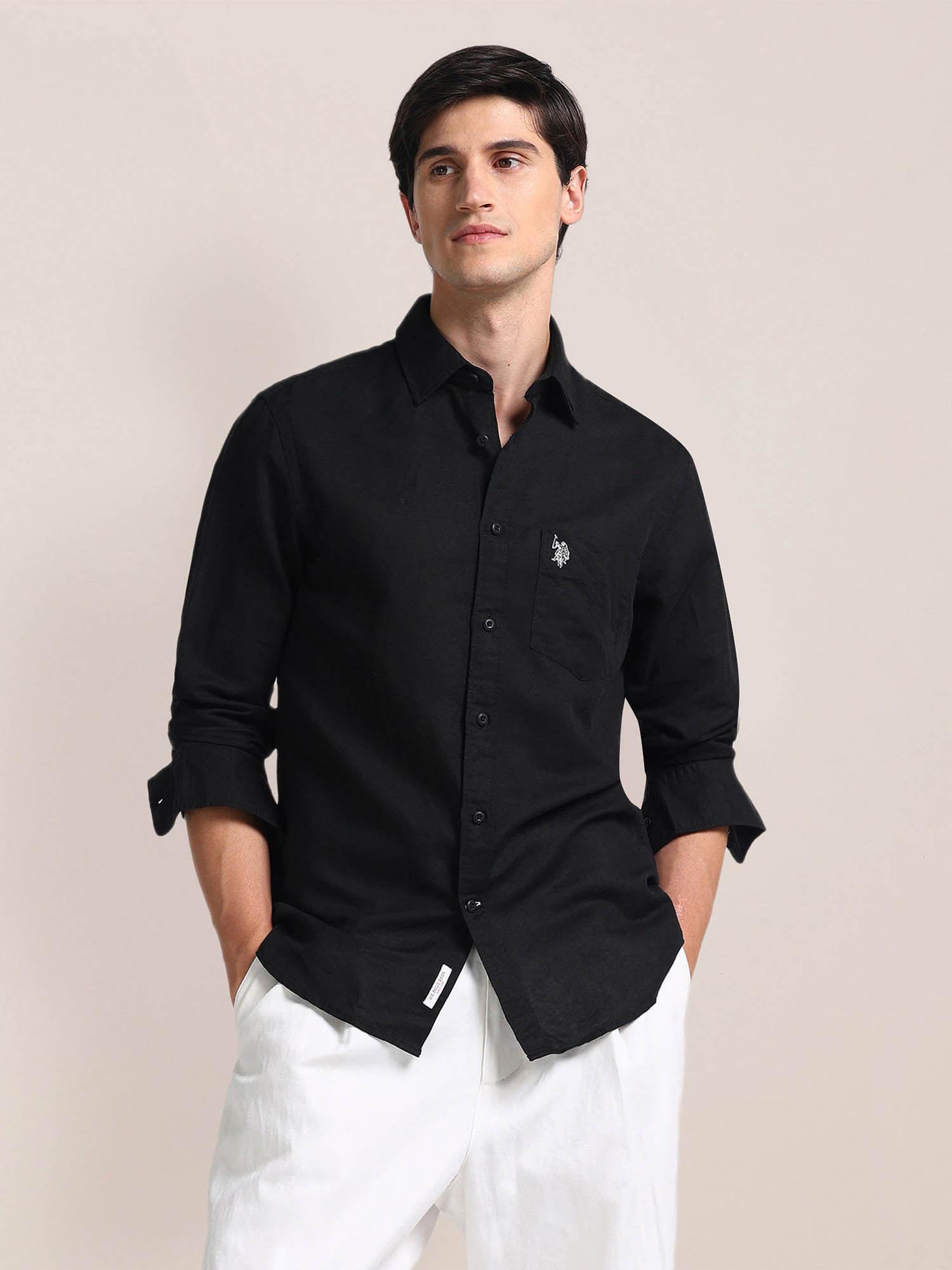 regular fit linen casual shirt full sleeves black