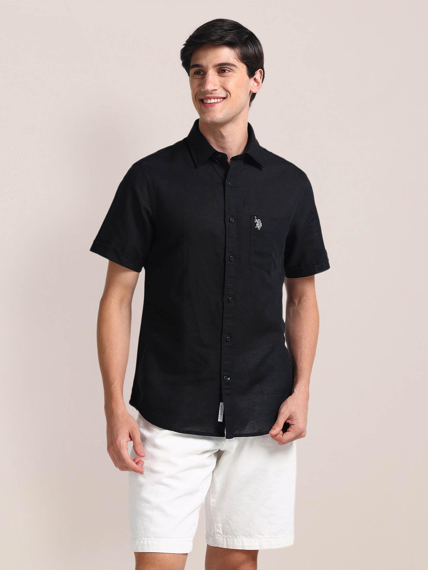 regular fit linen casual shirt half sleeves black