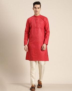 regular fit long kurta with front patch-pocket