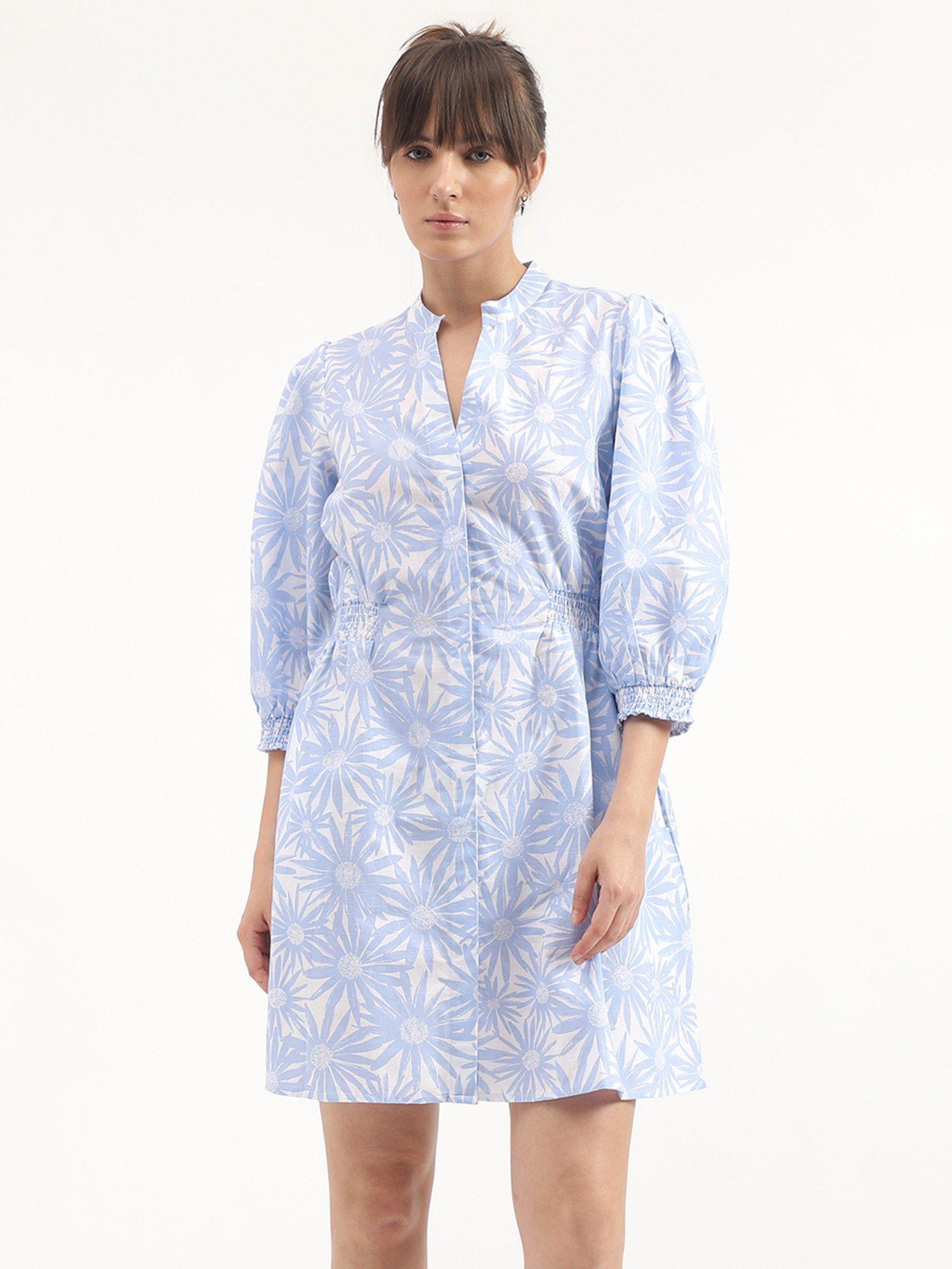 regular fit mandarin collar printed dress - blue