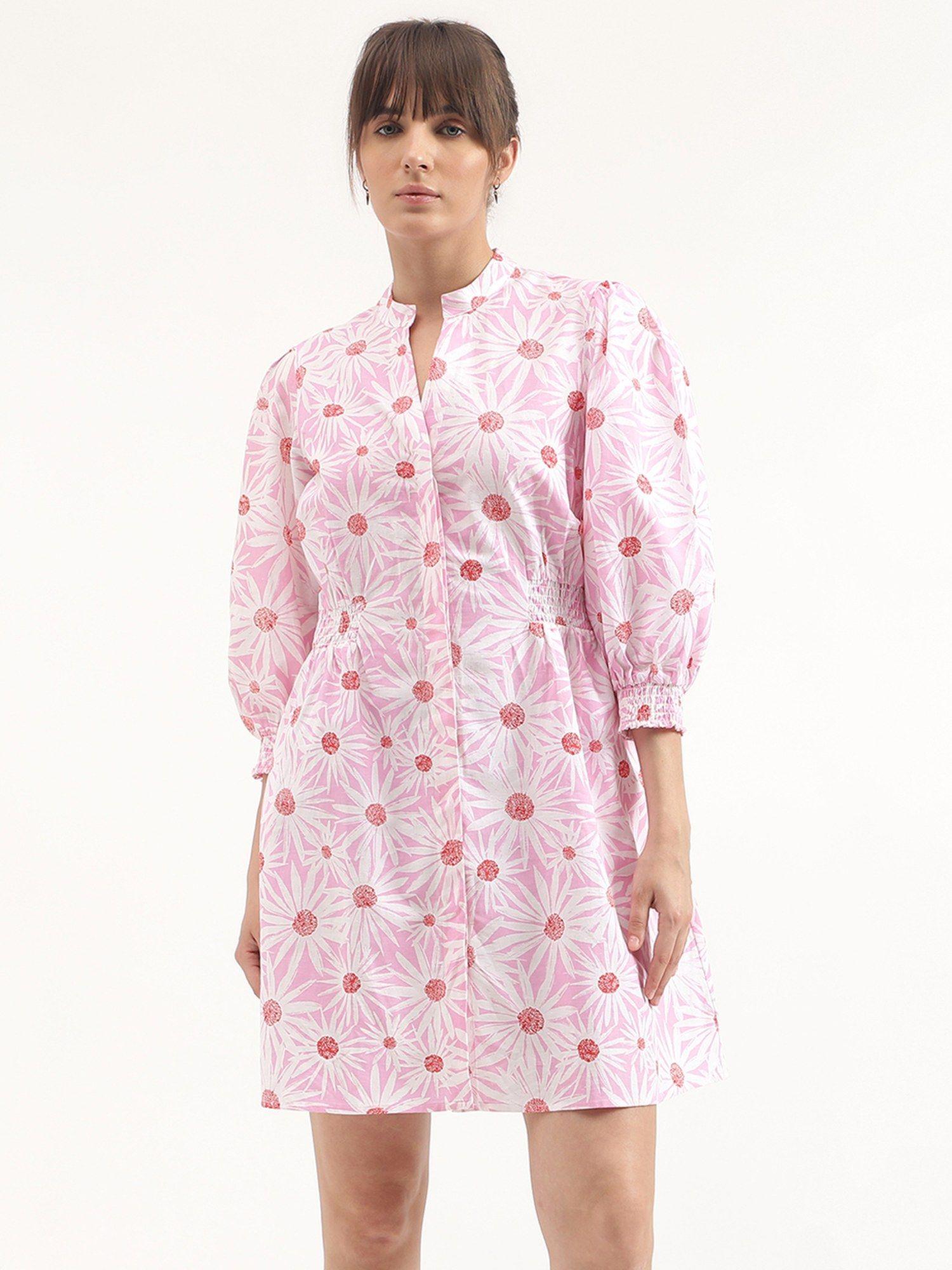 regular fit mandarin collar printed dress - pink