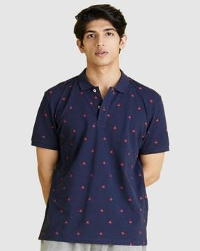 regular fit micro print polo t-shirt with ribbed hem