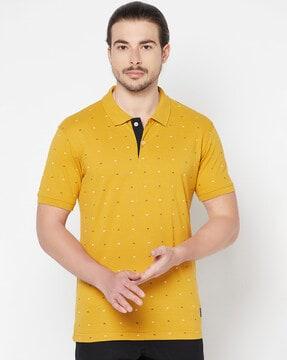 regular fit micro print polo t-shirt with ribbed hem