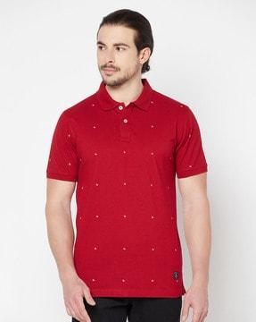 regular fit micro print polo t-shirt with ribbed hem