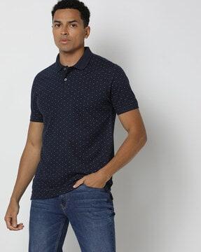 regular fit micro print polo t-shirt with spread collar