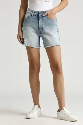 regular fit mid thigh cotton blend women's casual wear shorts - light blue