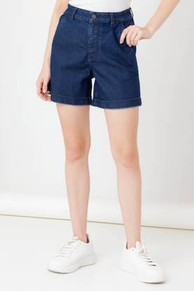 regular fit mid thigh cotton women's casual wear shorts - blue