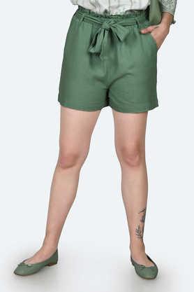 regular fit mid thigh linen blend women's casual wear shorts - green