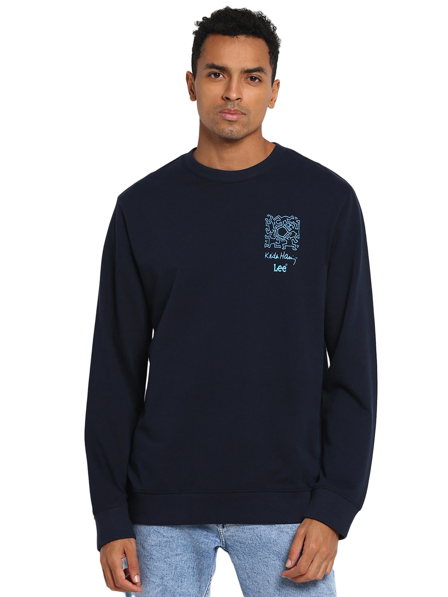 regular fit navy blue solid sweatshirt